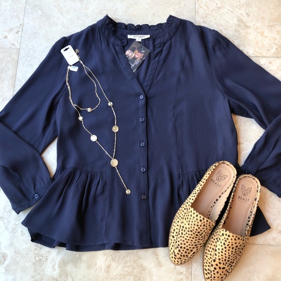 Tops - Navy Peplum Button Up Blue Blouse NWT Women’s Size Small